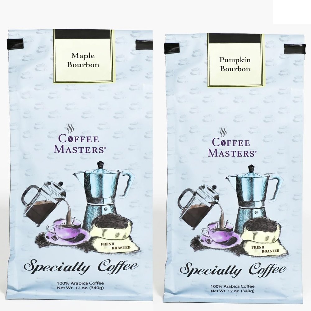 Coffee Masters Fall Bourbon Coffeee Sampler - Maple Bourbon and Pumpkin Bourbon 12 oz Ground Coffee