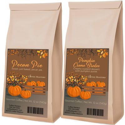 Coffee Masters Fall Autumn Coffee Sampler - Pecan Pie and Pumpkin Crme Brulee 12 oz Ground Coffee