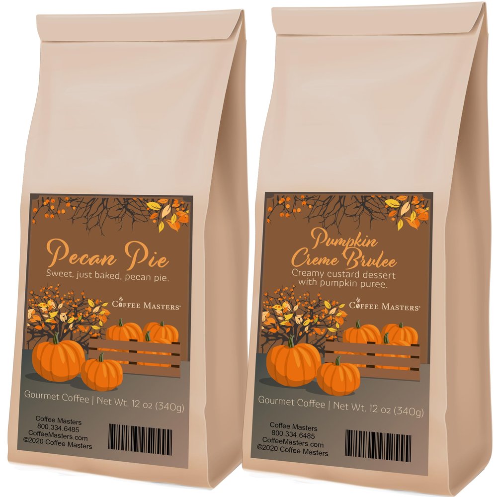 Coffee Masters Fall Autumn Coffee Sampler - Pecan Pie and Pumpkin Crme Brulee 12 oz Ground Coffee