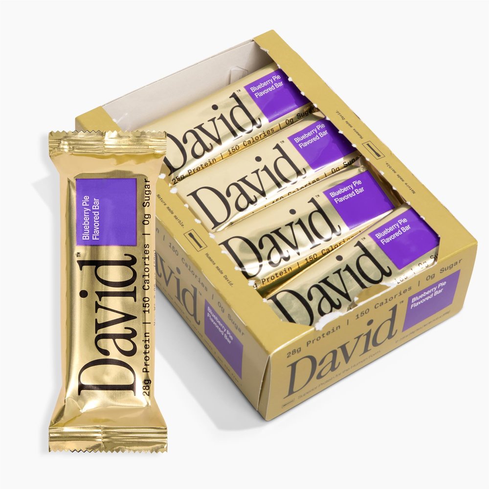 David High Protein Bars - 0g of Sugar, Low Carb, Gluten Free - 28g of Protein, 150 Calories - On-The-Go Snack - Blueberry Pie Flavor, Pack of 12