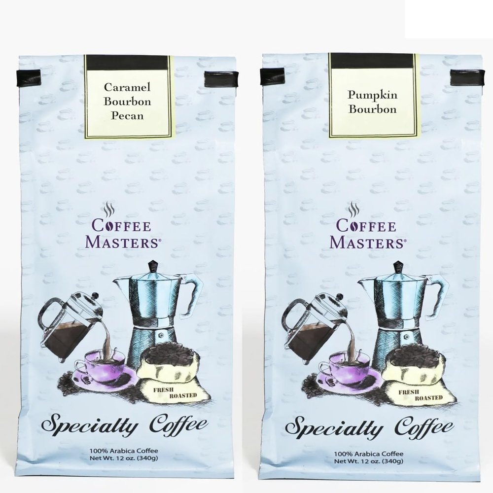 Coffee Masters Fall Bourbon Coffee Sampler - Caramel Bourbon Pecan and Pumpkin Bourbon 12 oz Ground Coffee