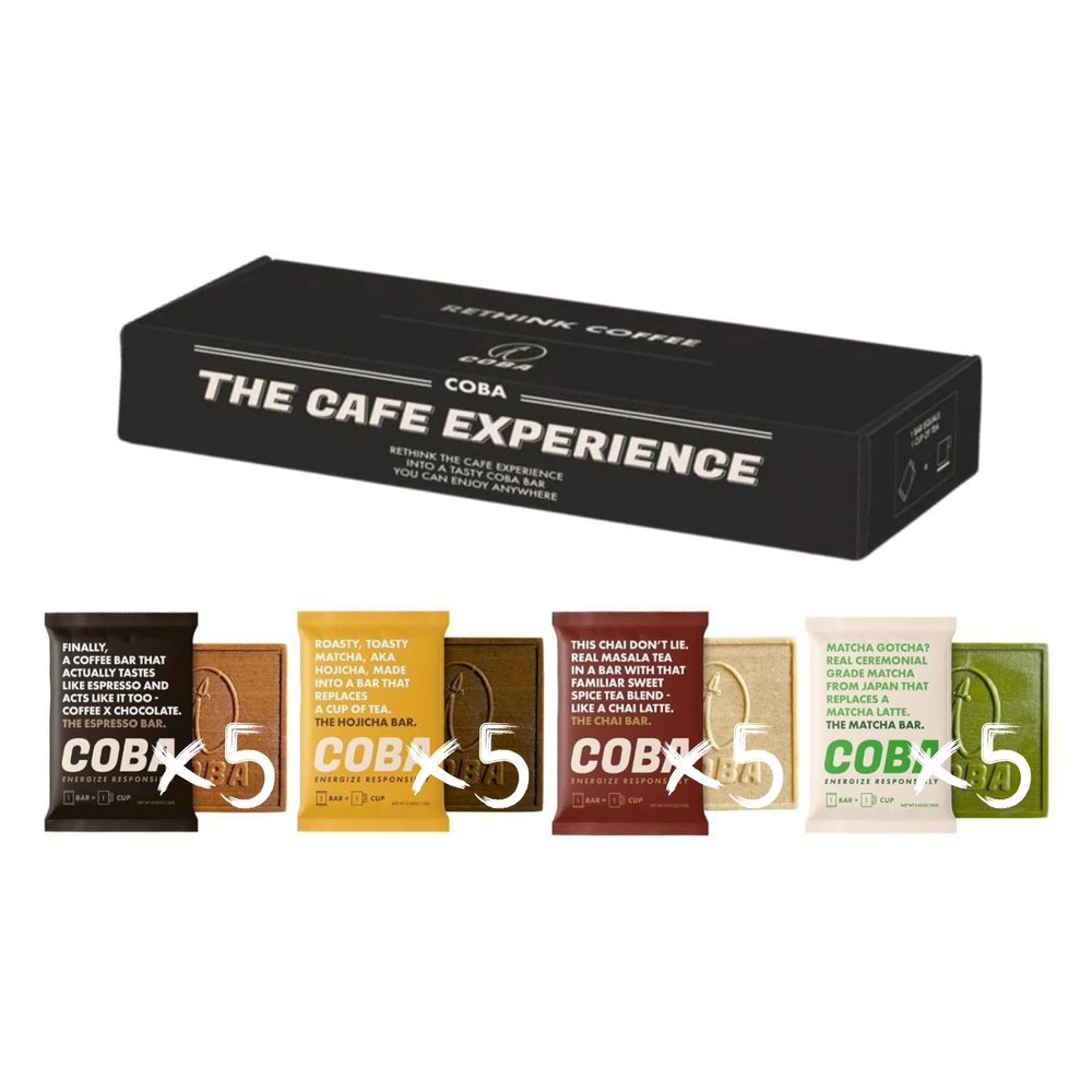 COBA Caffeinated Coffee Chocolate [1 Bar = 1 Espresso] - Energy Boost, Portable, All Natural Caffeine for Gym, Travel, Daily Use - Gluten Free, Non GMO (20 Pack, Sampler)