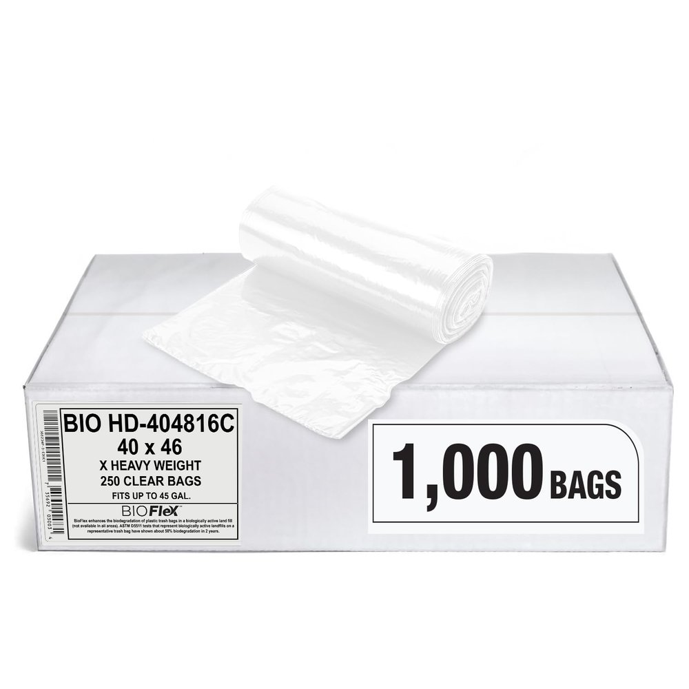 Aluf Plastics 45 Gallon Clear Trash Bags (1000 Count) With BioFlex Technology - 40" x 48" - 16 Micron Equivalent High Density Garbage Bags