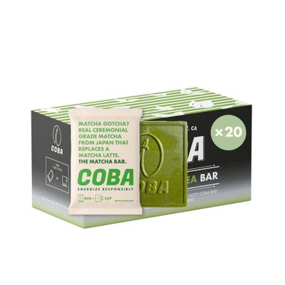 COBA Caffeinated Coffee Chocolate [1 Bar = 1 Cup of Matcha] - Energy Boost, Portable, All Natural Caffeine for Gym, Travel, Daily Use - Gluten Free, Non GMO (20 Pack, Matcha)