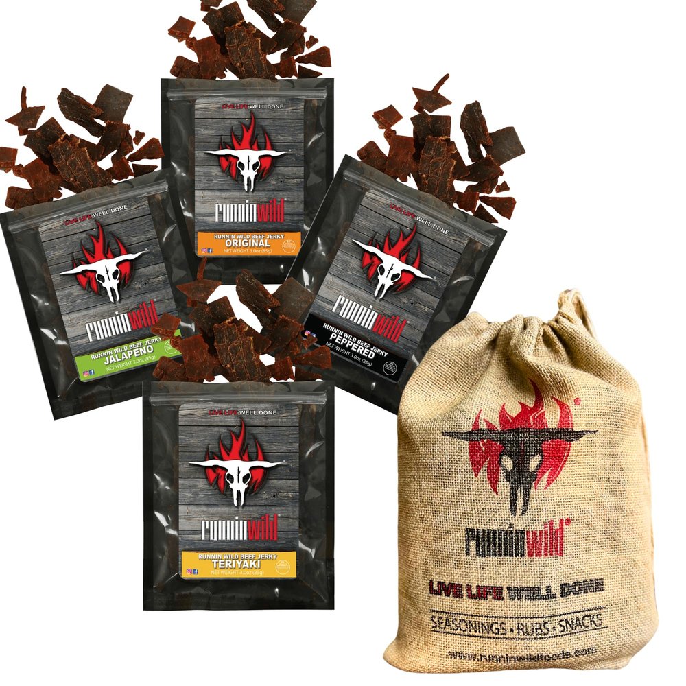 Bold & Flavor-Packed Beef Jerky Variety Pack  100% Real Beef Sampler with Peppered, Original, Jalapeo & Teriyaki | 4 Jerky Snack Packs in Signature Runnin Wild Burlap Bag | Gifts for Men Who Love Meat