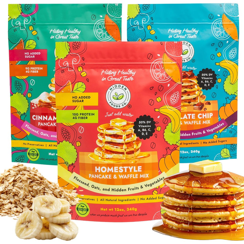 Hidden Foods Pancake & Waffle Mix Variety 3-Pack High in Protein & Fiber with Hidden Fruits, Vegetables & Vitamins Chocolate Chip, Cinnamon Churro & Homestyle Just Add Water