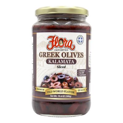 Greek Kalamata Olives Sliced - Flora Foods Imported - 19.6 OZ Glass Jar - Premium Quality