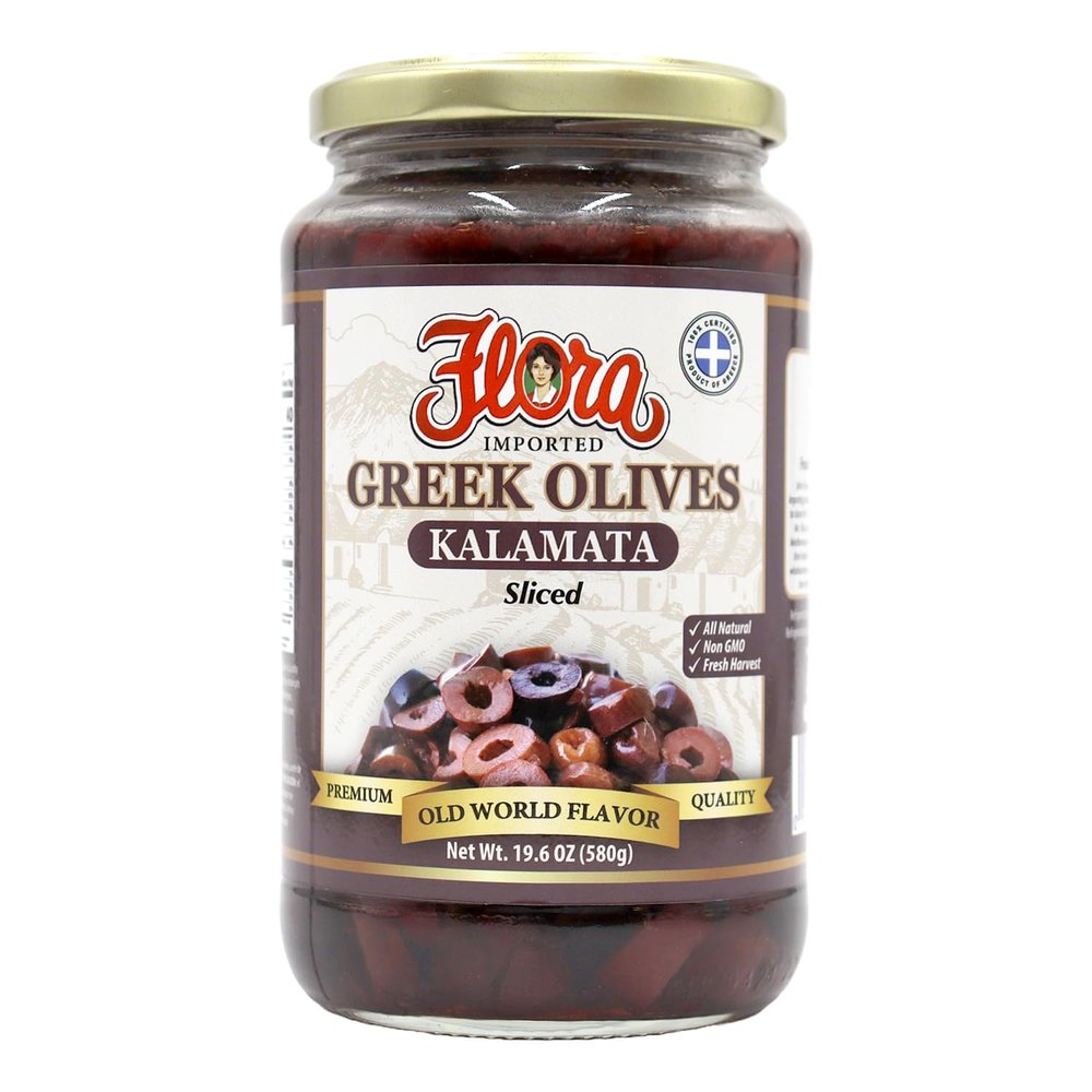 Greek Kalamata Olives Sliced - Flora Foods Imported - 19.6 OZ Glass Jar - Premium Quality