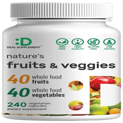 Natures Fruits & Veggies Supplement, 240 Veggie Capsules 80 Whole Food Superfoods for Daily Balance 40 Fruits with 40 Vegetables and Greens Non-GMO, Gluten Free