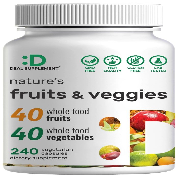 Natures Fruits & Veggies Supplement, 240 Veggie Capsules 80 Whole Food Superfoods for Daily Balance 40 Fruits with 40 Vegetables and Greens Non-GMO, Gluten Free