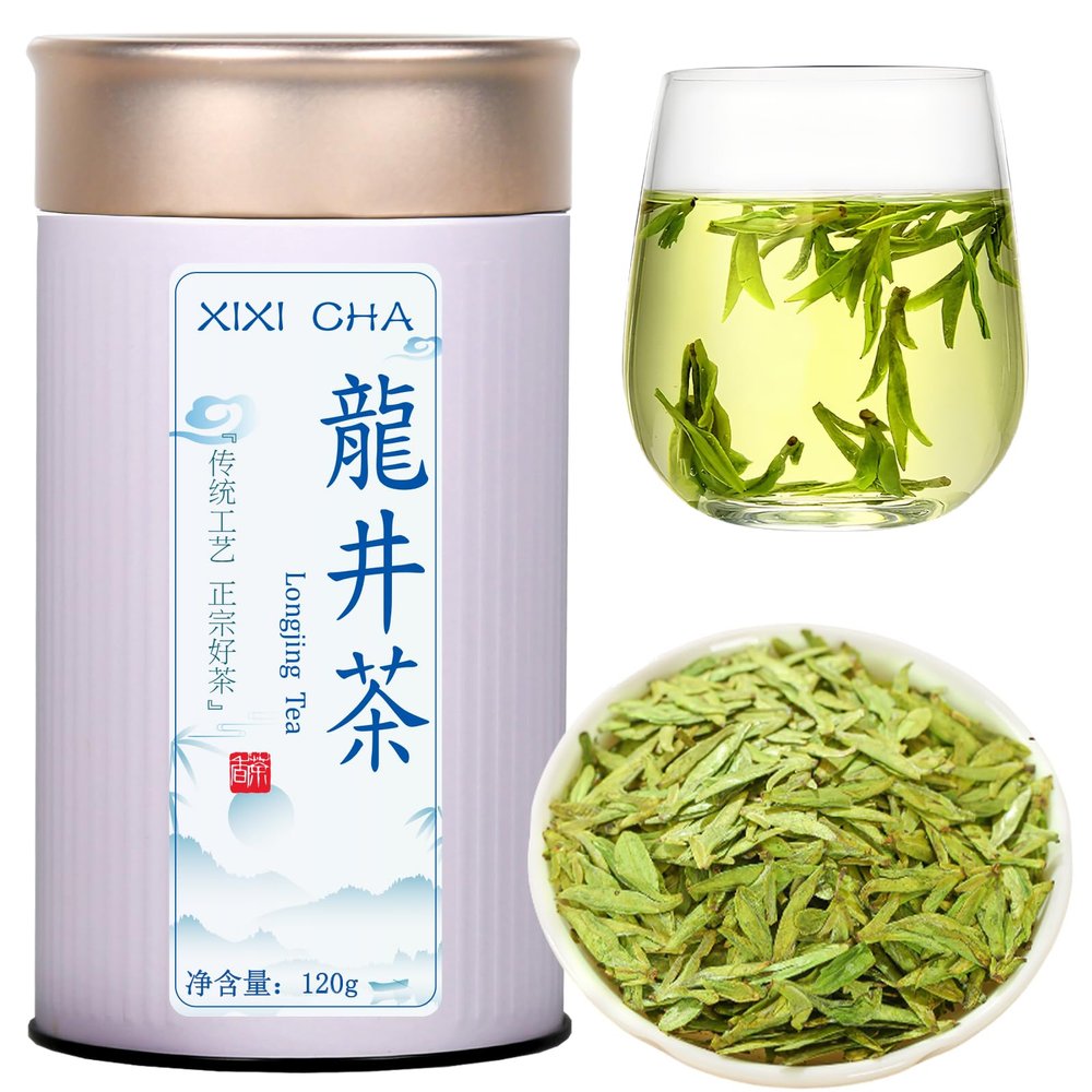 XIXICHA Longjing Green Tea Loose Leaf New Longjing Tea Dragon Well Dragonwell Tea Chinese Green Tea Lung Ching Premium Bean Aromatic All-natural and free of additives 4.23oz/120g96 cups