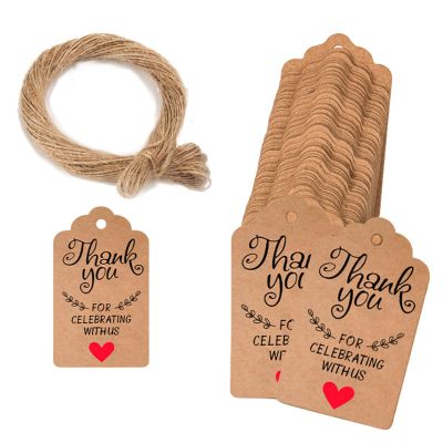 100Pcs Thank You Tags with String - 1.2'' x 2'' Thank You for Celebrating with Us Tags, Kraft Paper Gifts Tag with Hanging String for Party Favors Wedding Bridal Baby Shower Birthday Gift Bags