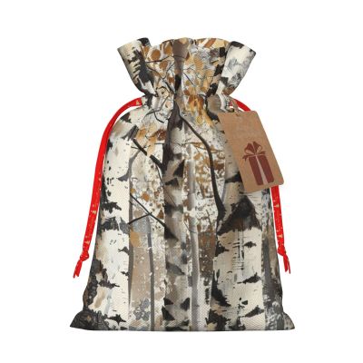 YKJJFVZ White Trees Camo Print Versatile Drawstring Christmas Gift Bags,Burlap Material,Xmas Wrapping Bags,Candy Bags
