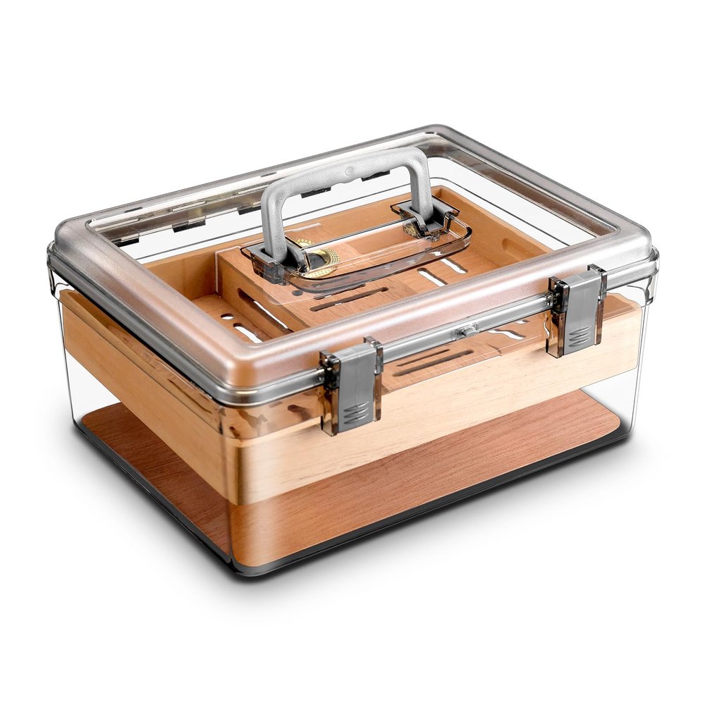 Acrylic Cigar Humidor with Hygrometer and Humidifier, Cedar Wood Tray, Modern Transparent Cigar Box with Handle, Gifts for Men (Medium)