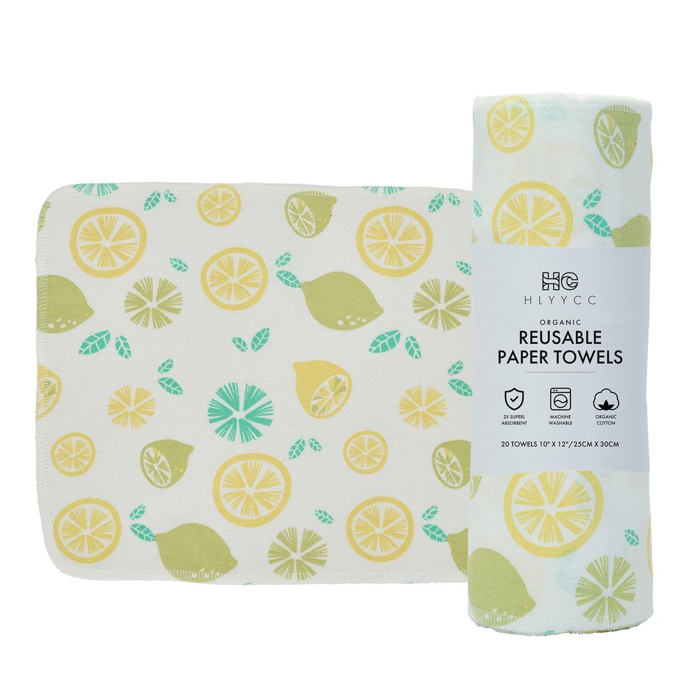 HLYYCC Reusable Paper Towel Rolls 20 Pack,Washable Napkin Cloth Value Set of 20 Pack of Paperless Towel-100% Cotton, Super Soft, Absorbent Made to Last (Two-Color Lemon, 9.84 * 11.81)