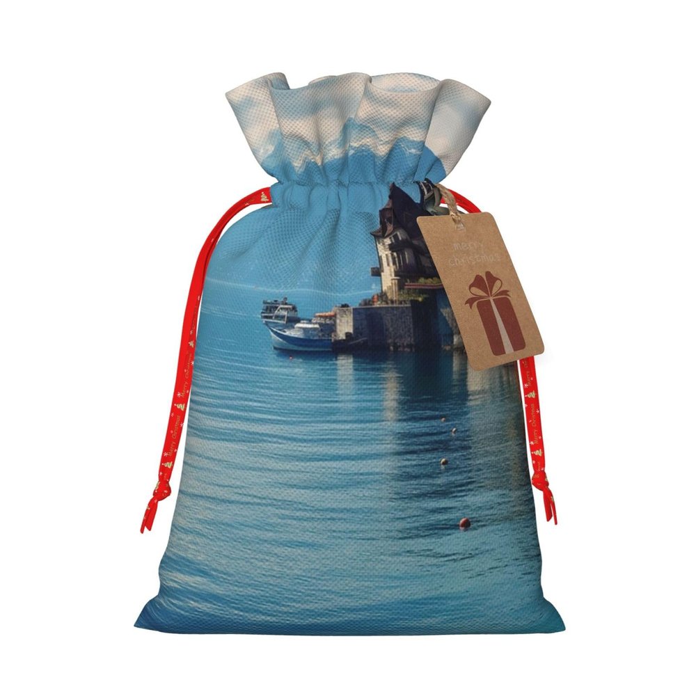 NONHAI Christmas Gift Bags Drawstring Wrapping Bags Lake Geneva Switzerland Xmas Goodie Bags Christmas Burlap Treat Bags for Christmas Presents Holiday Party Supplies Favors Bag