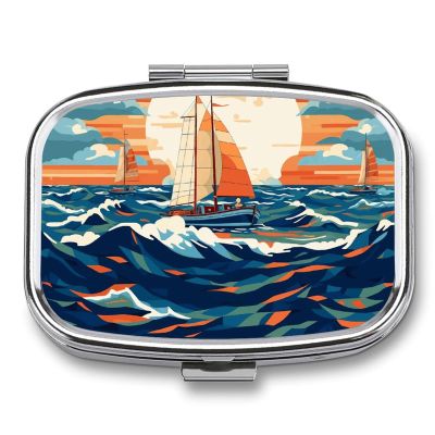 Sailboat Wave Pattern Pill Box Cute Square Pill Case Portable Medicine Tablet Vitamin Holder Organizer for Purse Pocket