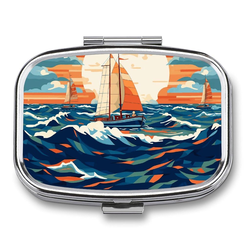 Sailboat Wave Pattern Pill Box Cute Square Pill Case Portable Medicine Tablet Vitamin Holder Organizer for Purse Pocket
