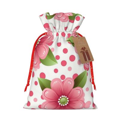 HCBPWVQA Polka Dot Flower Christmas Gift Bag Burlap Xmas Gift Bags Large Drawstring Gift Bags w/Tag Christmas Wrapping Bags Xmas Candy Bag Reusable Holiday Gift Bag Party Favors Bags Medium