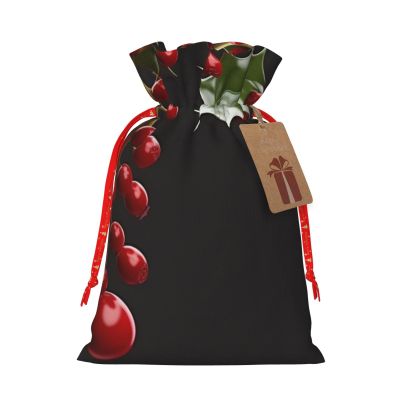 HCBPWVQA Holly Berry Branches Christmas Gift Bag Burlap Xmas Gift Bags Large Drawstring Gift Bags w/Tag Christmas Wrapping Bags Xmas Candy Bag Reusable Holiday Gift Bag Party Favors Bags Medium