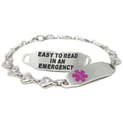 My Identity Doctor Custom Engraved Medical Bracelet 316L Stainless Steel Hearts, Round 2mm Cubic Zirconia - Wrist Size 9.75 Inch