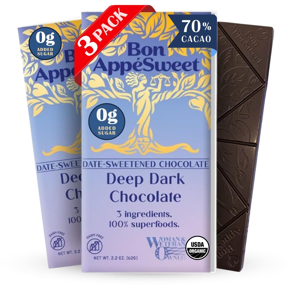 Bon Appesweet Date Sweetened Chocolate Bar - Deep Dark Chocolate | 2.2 Ounce (Pack of 3) | Organic, Zero Added Sugar, 70% Cacao, Plant Based, Dairy Free, and Guilt Free!