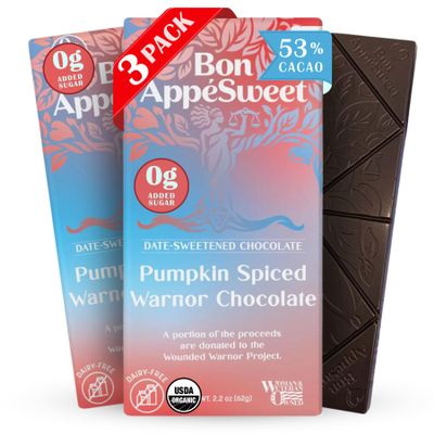 Bon Appesweet Date Sweetened Chocolate Bar - Healthy Dark Chocolate | Pumpkin Spiced Warnor Chocolate | 2.2 Ounce (Pack of 3) | Organic, Zero Added Sugar, 53% Cacao, Plant Based, Dairy Free, and Guilt Free!