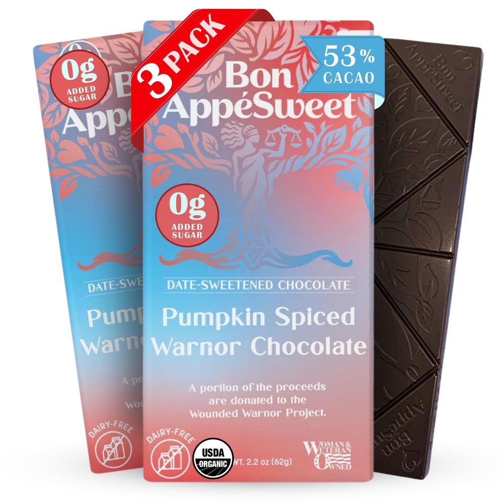Bon Appesweet Date Sweetened Chocolate Bar - Healthy Dark Chocolate | Pumpkin Spiced Warnor Chocolate | 2.2 Ounce (Pack of 3) | Organic, Zero Added Sugar, 53% Cacao, Plant Based, Dairy Free, and Guilt Free!