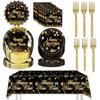 Happy New Year Tableware Set, Black and Gold Disposable Paper Party Supplies - Plates, Napkins, Tablecloth, Forks for New Year's Eve (81 Pcs)
