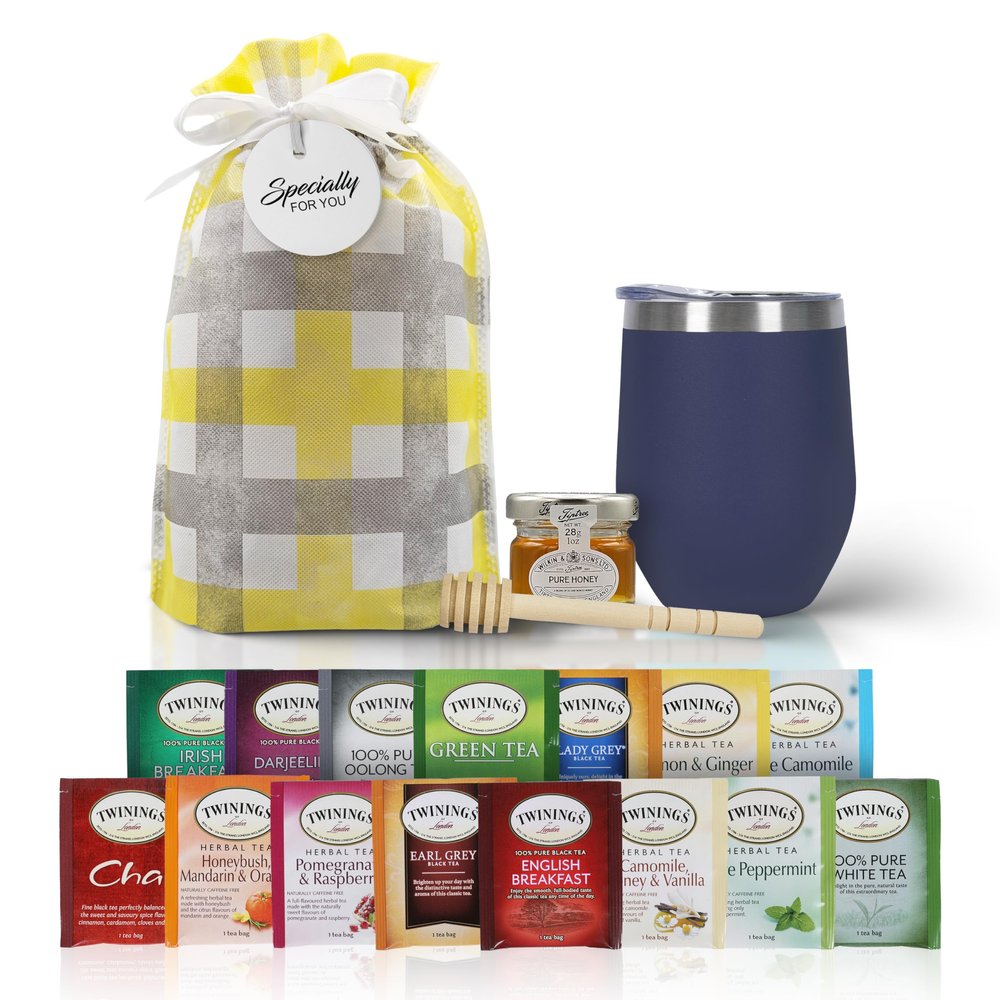 Tea Gift Set for Women & Men  Includes Assorted Teas, Elegant Mug & Honey (Blue)