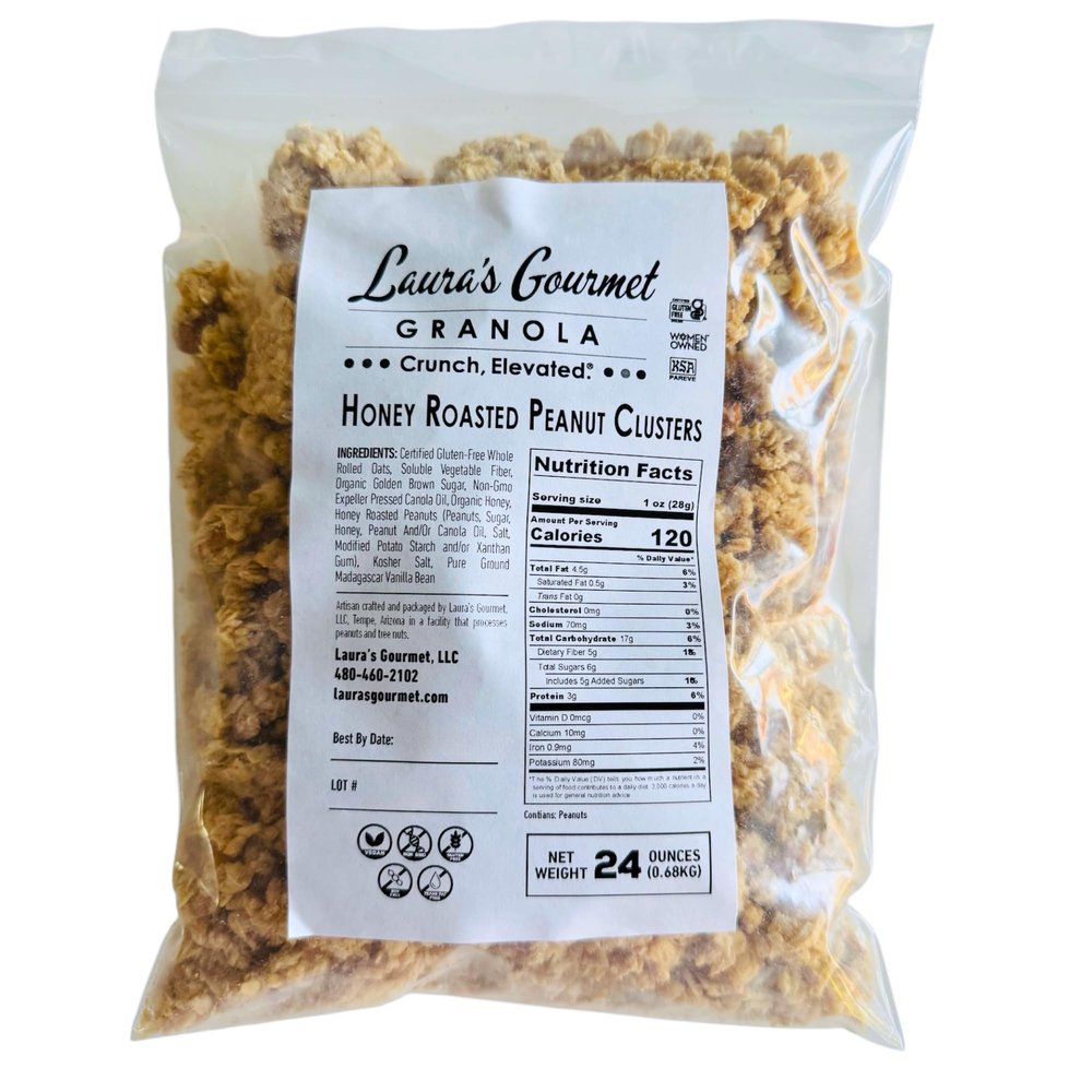 Lauras Gourmet Granola Clusters, Honey Roasted Peanut, 24 oz Bag  Organic, Vegan, Non-GMO, Gluten-Free, Sweet & Salty Snack, Whole Oats On-the-Go Protein Treat, Perfect for Yogurt, Smoothies