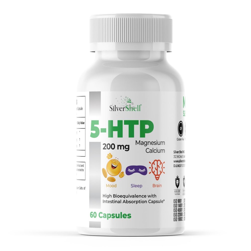 silvershell 5-HTP 200 MG Plus Calcium and Magnesium, Mood Balance & Enhanced Relaxation, Brain & Sleep Health, Natural Neurotransmitter Support 1 Capsule per Serving, 60 Capsules