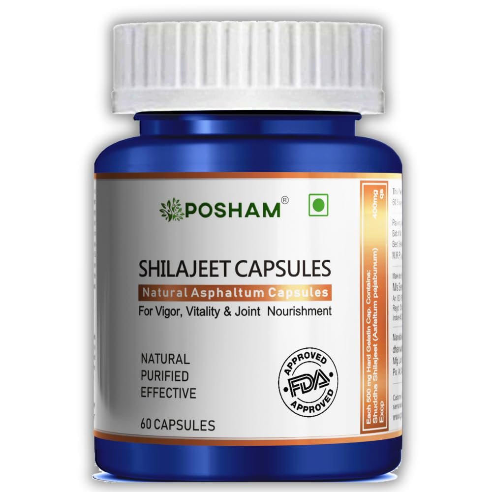 Posham Shilajeet Extract Capsules - Herbal Supplement for Energy, Immunity, Cognitive Function - 60 Count, Ingredient-Shilajeet
