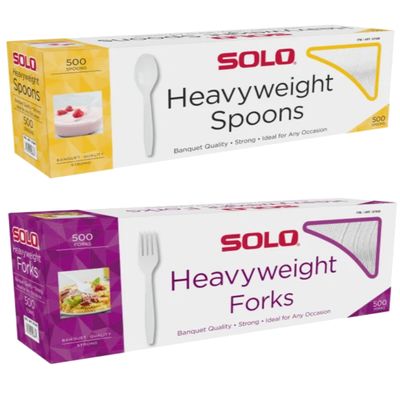 SOLO Heavyweight Plastic Spoons AND Forks, 500/Case each. (2 Pack)