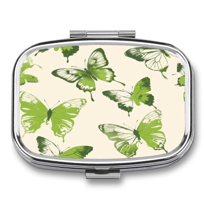 Small Pill Box 2 Compartment Medicine Pill Case Portable Lime Green Butterfly Printed Pill Container for Pocket Or Purse Pill Box Metal Medicine Vitamin Organizer