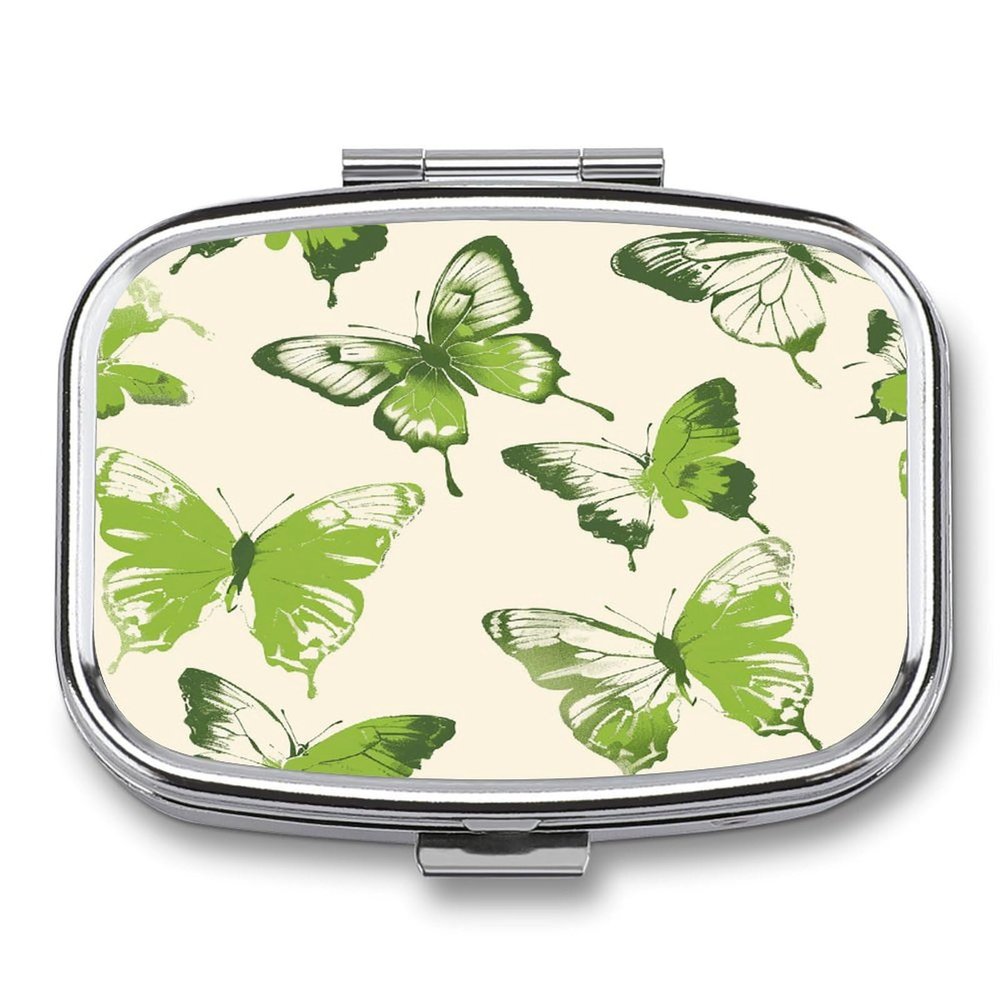 Small Pill Box 2 Compartment Medicine Pill Case Portable Lime Green Butterfly Printed Pill Container for Pocket Or Purse Pill Box Metal Medicine Vitamin Organizer