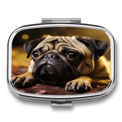 Small Pill Box 2 Compartment Medicine Pill Case Portable Cry Pug Printed Pill Container for Pocket Or Purse Pill Box Metal Medicine Vitamin Organizer