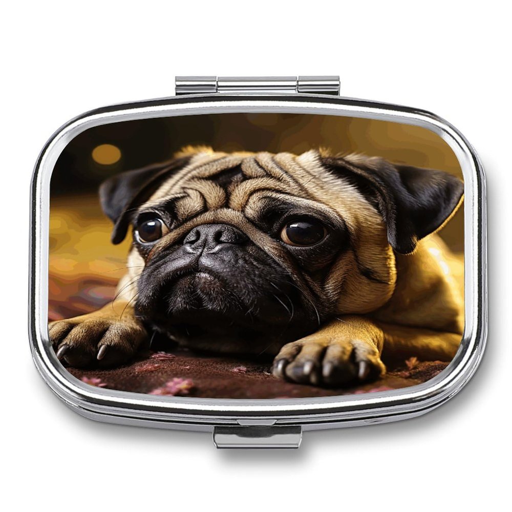 Small Pill Box 2 Compartment Medicine Pill Case Portable Cry Pug Printed Pill Container for Pocket Or Purse Pill Box Metal Medicine Vitamin Organizer