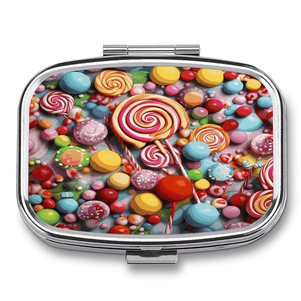 Small Pill Box 2 Compartment Medicine Pill Case Portable Candy Printed Pill Container for Pocket Or Purse Pill Box Metal Medicine Vitamin Organizer