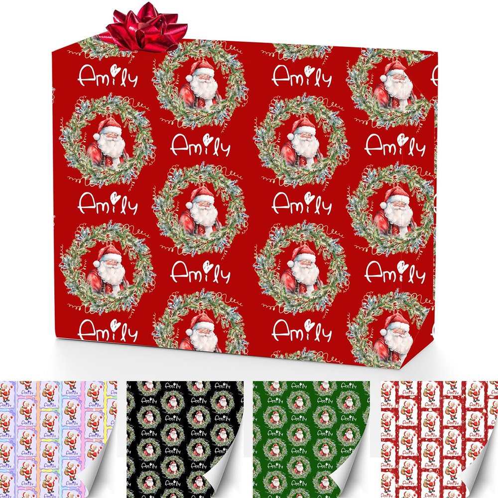 FnprtMo Personalized Christmas Wrapping Paper Wrapping Paper Roll with Name Personalized Wrapper with Repeating Name Santa Animals for Kids Girls Boys Birthday Anniversary Christmas