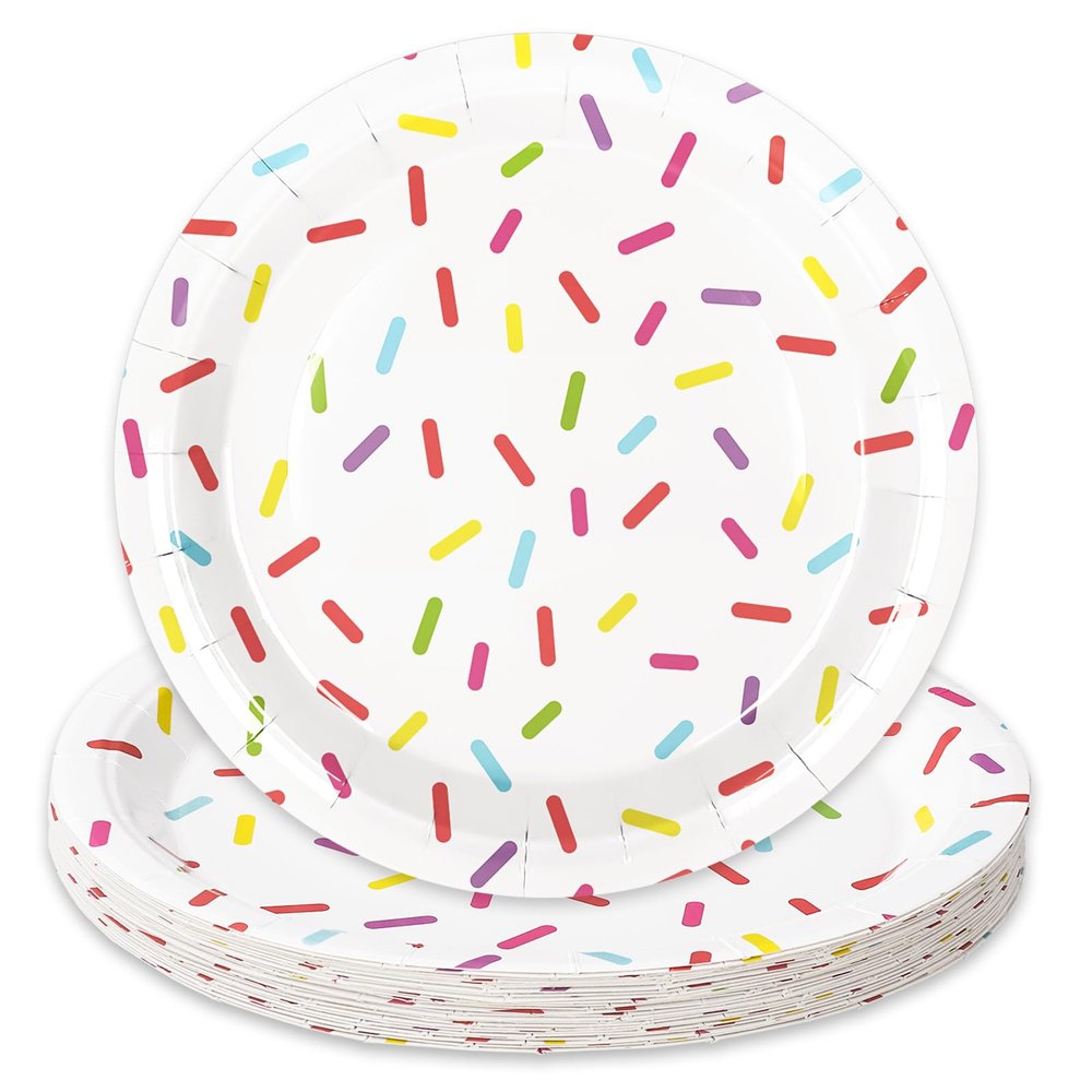 Whaline Confetti Sprinkle Paper Plate Cute Donut Disposable Plate Dessert Dinnerware Plates 9 Inch for Birthday Baby Shower Wedding Party Supplies Table Decor, 24Pcs