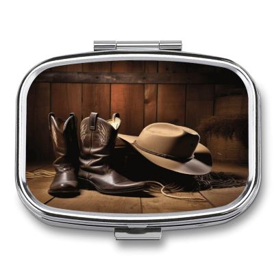 Small Pill Box 2 Compartment Medicine Pill Case Portable Cowboy Black Hat Western Boots Printed Pill Container for Pocket Or Purse Pill Box Metal Medicine Vitamin Organizer