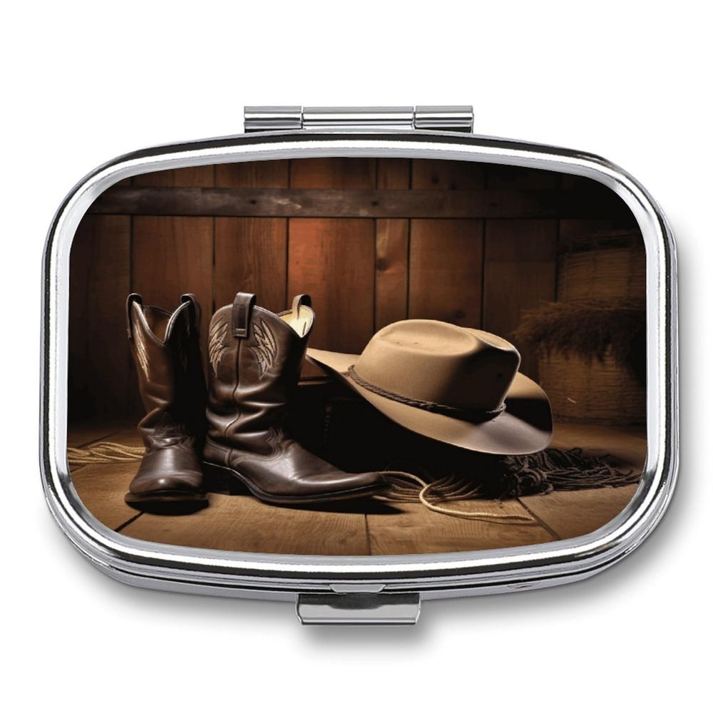 Small Pill Box 2 Compartment Medicine Pill Case Portable Cowboy Black Hat Western Boots Printed Pill Container for Pocket Or Purse Pill Box Metal Medicine Vitamin Organizer
