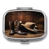 Small Pill Box 2 Compartment Medicine Pill Case Portable Cowboy Black Hat Western Boots Printed Pill Container for Pocket Or Purse Pill Box Metal Medicine Vitamin Organizer view 1