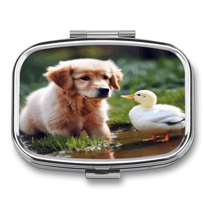 Small Pill Box 2 Compartment Medicine Pill Case Portable Dog and A Duck Printed Pill Container for Pocket Or Purse Pill Box Metal Medicine Vitamin Organizer