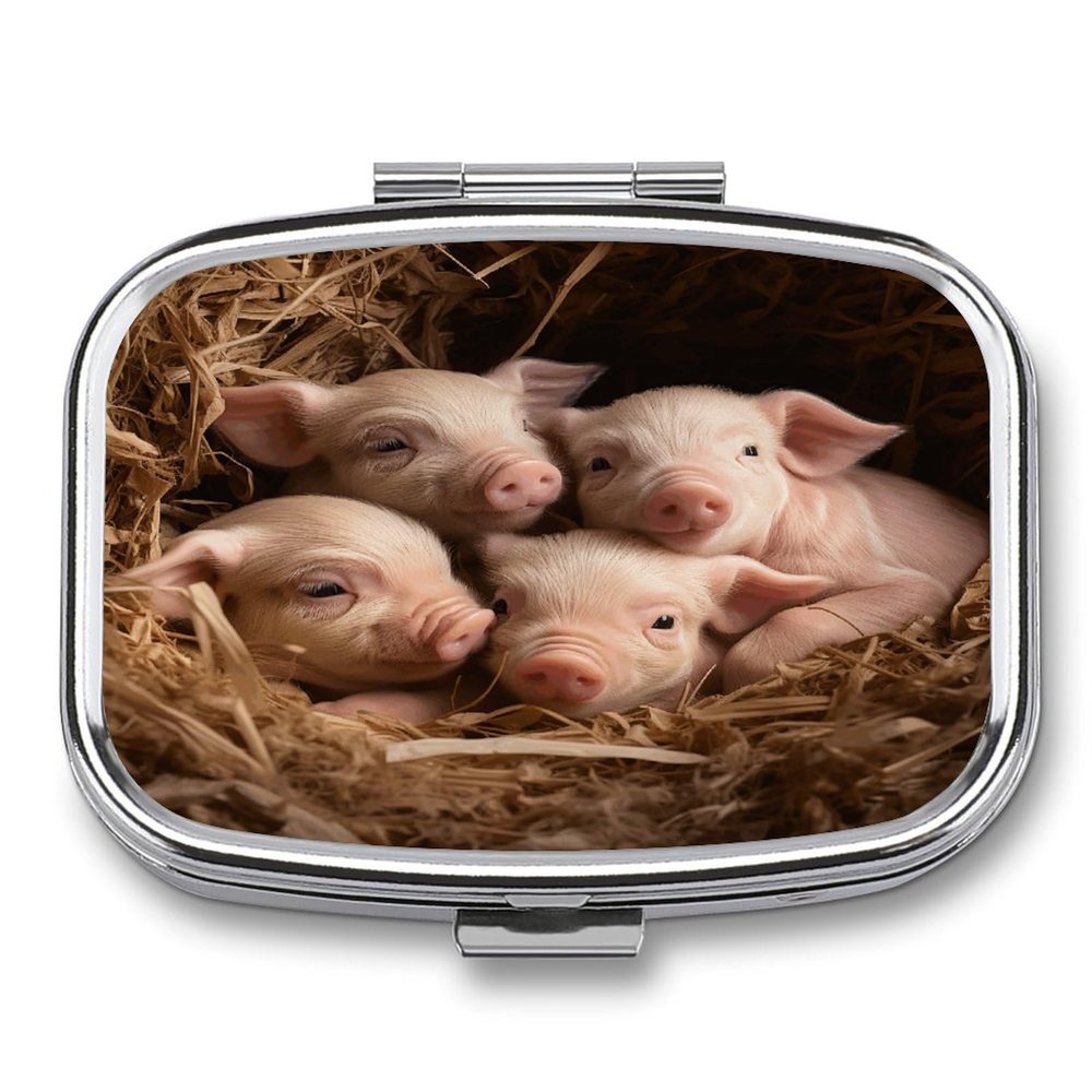 Small Pill Box 2 Compartment Medicine Pill Case Portable Four Little Pigs Printed Pill Container for Pocket Or Purse Pill Box Metal Medicine Vitamin Organizer