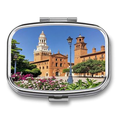 Small Pill Box 2 Compartment Medicine Pill Case Portable Spanish Cities Printed Pill Container for Pocket Or Purse Pill Box Metal Medicine Vitamin Organizer