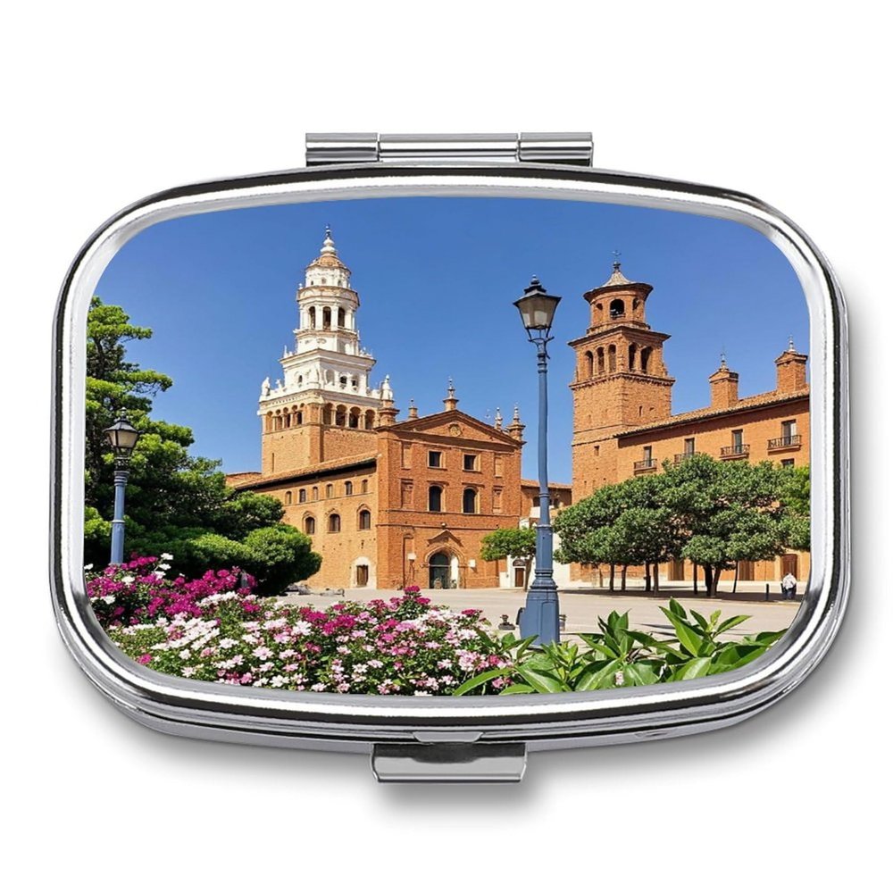 Small Pill Box 2 Compartment Medicine Pill Case Portable Spanish Cities Printed Pill Container for Pocket Or Purse Pill Box Metal Medicine Vitamin Organizer