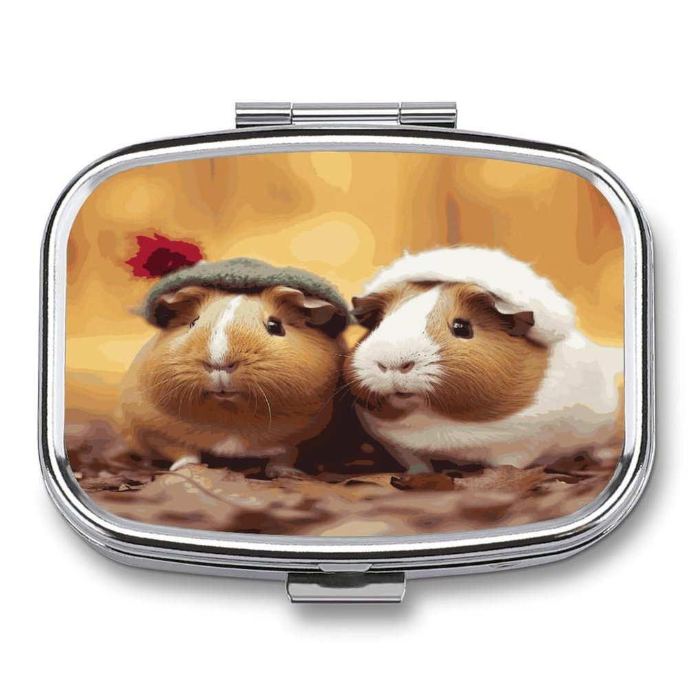 Small Pill Box 2 Compartment Medicine Pill Case Portable Cute Guinea Pigs Printed Pill Container for Pocket Or Purse Pill Box Metal Medicine Vitamin Organizer