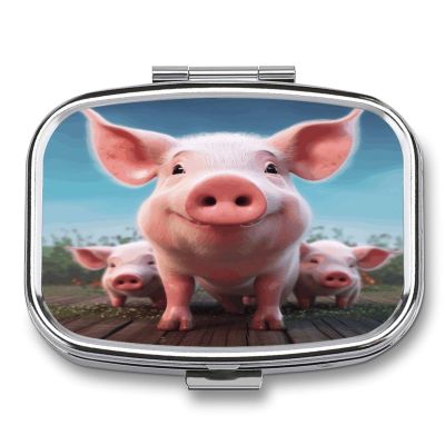 Small Pill Box 2 Compartment Medicine Pill Case Portable Funny Cute Pig Printed Pill Container for Pocket Or Purse Pill Box Metal Medicine Vitamin Organizer